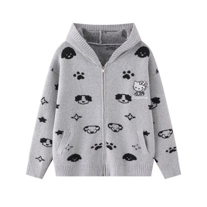 Full printed jacquard cartoon rabbit ear hooded knitted hoodie for women | MuddyStock Originals Gray