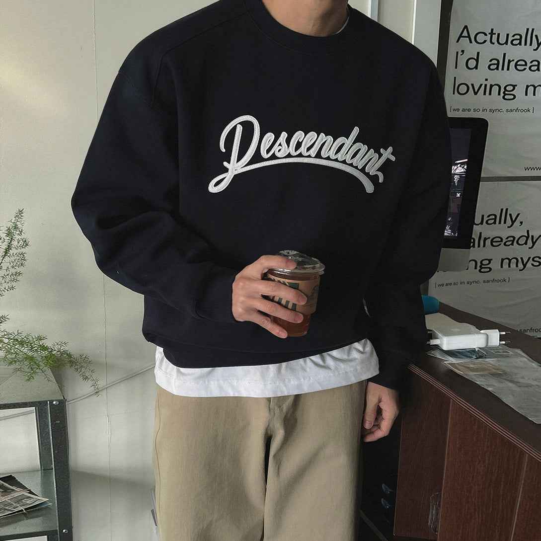 Casual Gray Hoodie for Men with Letter Applique, Loose Fit Round Neck, Autumn Wear eprolo