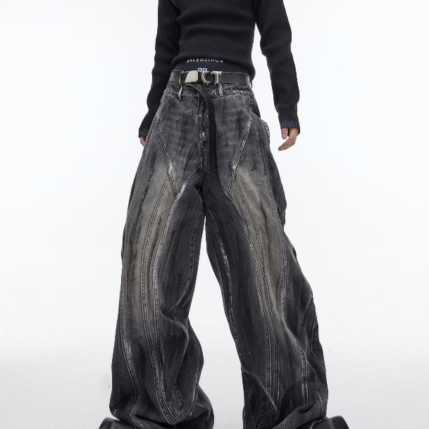 Heavy Retro Distressed Wide Leg Loose Jeans For Men BLACK
