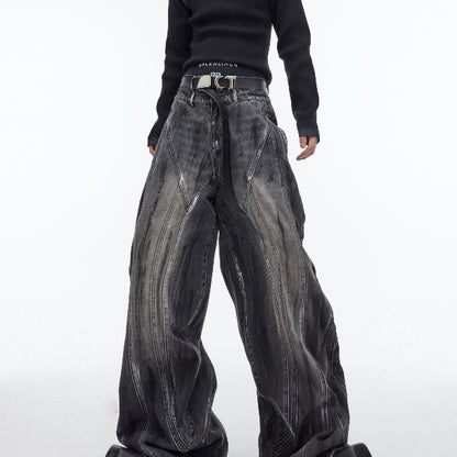 Heavy Retro Distressed Wide Leg Loose Jeans For Men BLACK