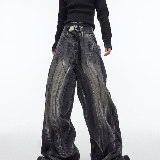 Heavy Retro Distressed Wide Leg Loose Jeans For Men BLACK