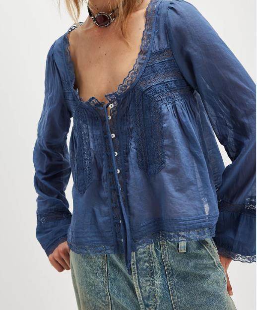 Lace U-shaped Lace Collar Long Sleeve Light Shirt Navy Blue MuddyStock
