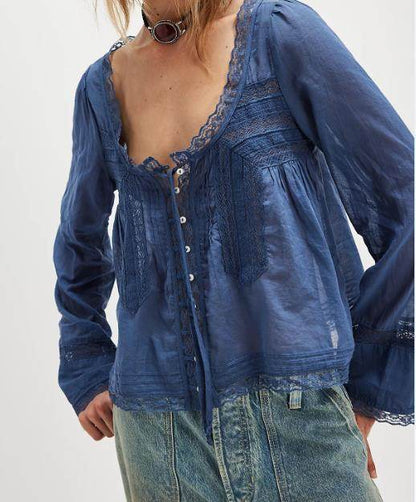 Lace U-shaped Lace Collar Long Sleeve Light Shirt Navy Blue MuddyStock
