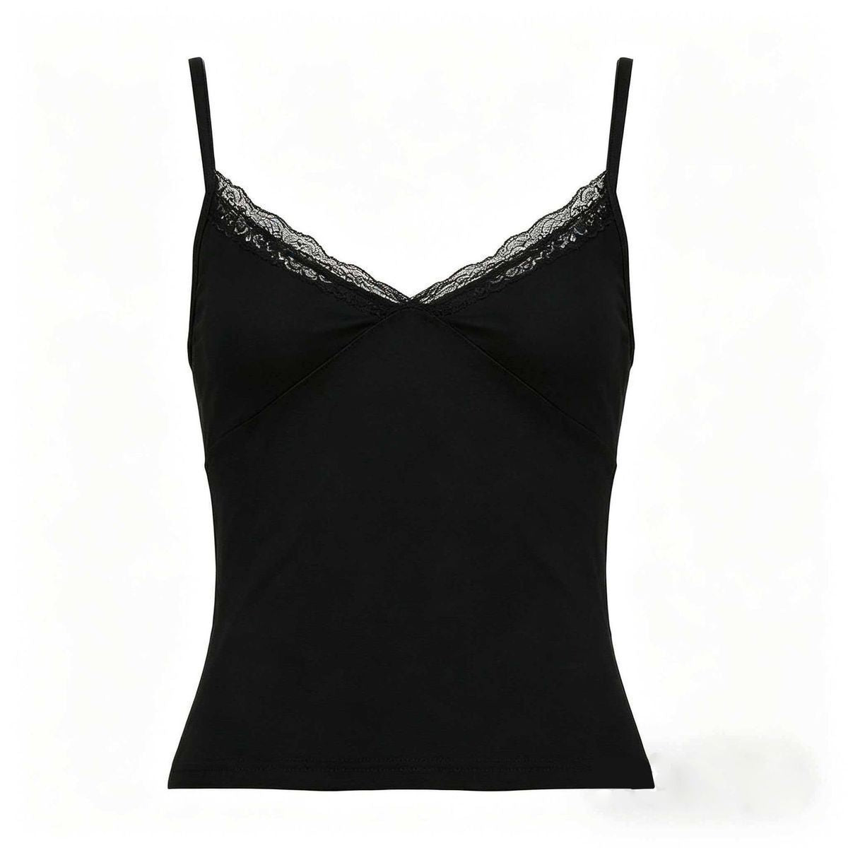 Simple Lace-trimmed V-neck Short Top For Women Black