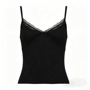 Simple Lace-trimmed V-neck Short Top For Women Black