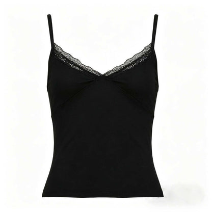 Simple Lace-trimmed V-neck Short Top For Women Black