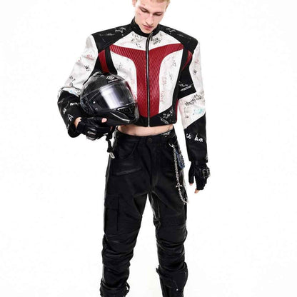 Short Stand-up Collar Graffiti Leather Jacket For Men null