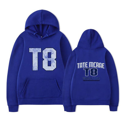 Tate McRae Fleece Hoodie For Men And Women Blue and black text MuddyStock