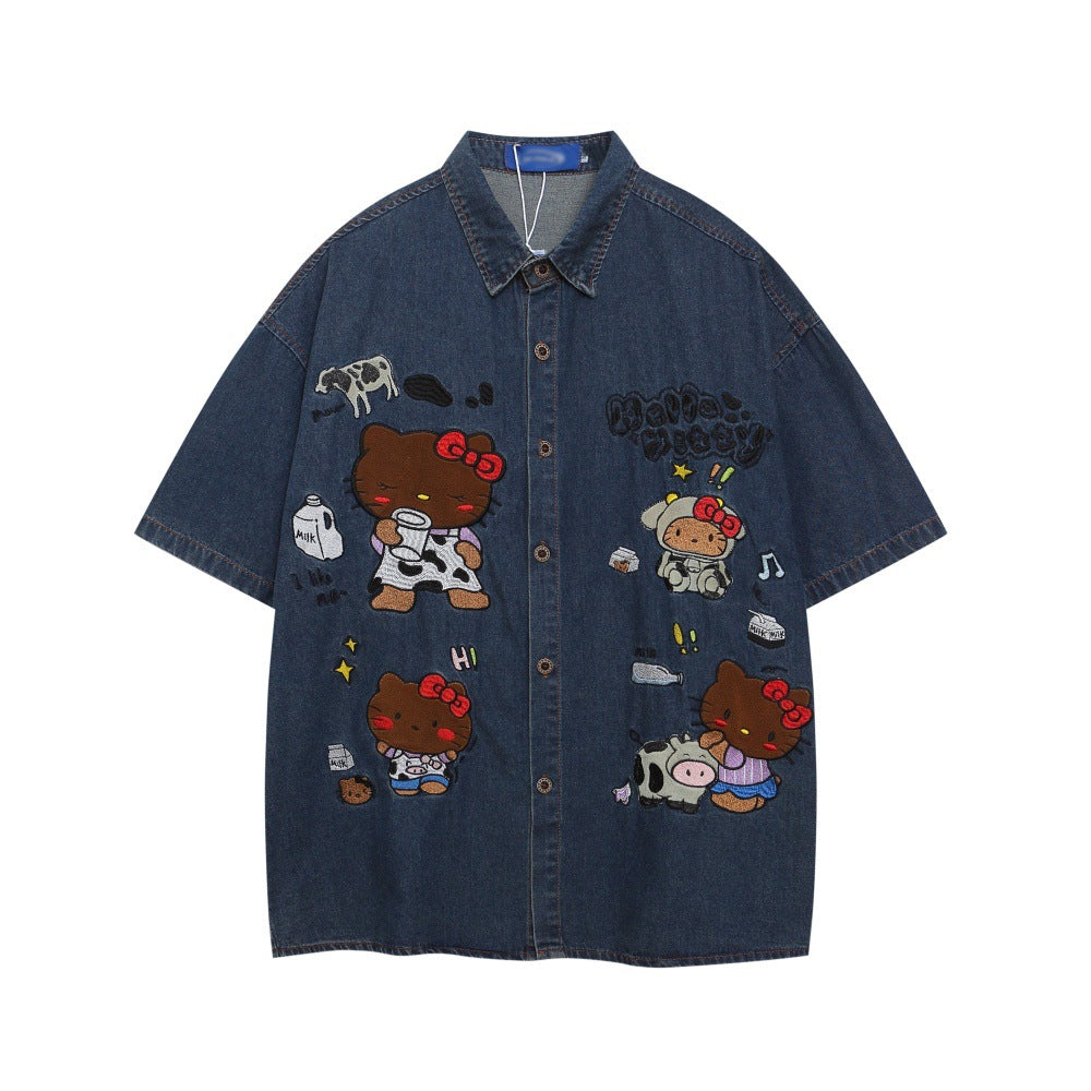 Cartoon Bear Design Short Sleeve Shirt For Women | MuddyStock Originals Denim Blue eprolo