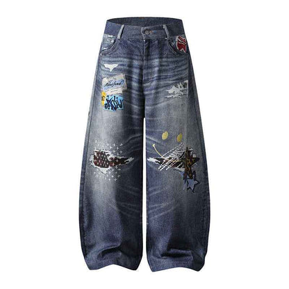Embroidered Wide Leg Straight Leg Long Pants For Men And Women | MuddyStock Originals Blue eprolo