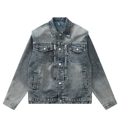 American Style Retro Washed Distressed Denim Jacket For Women Blue null