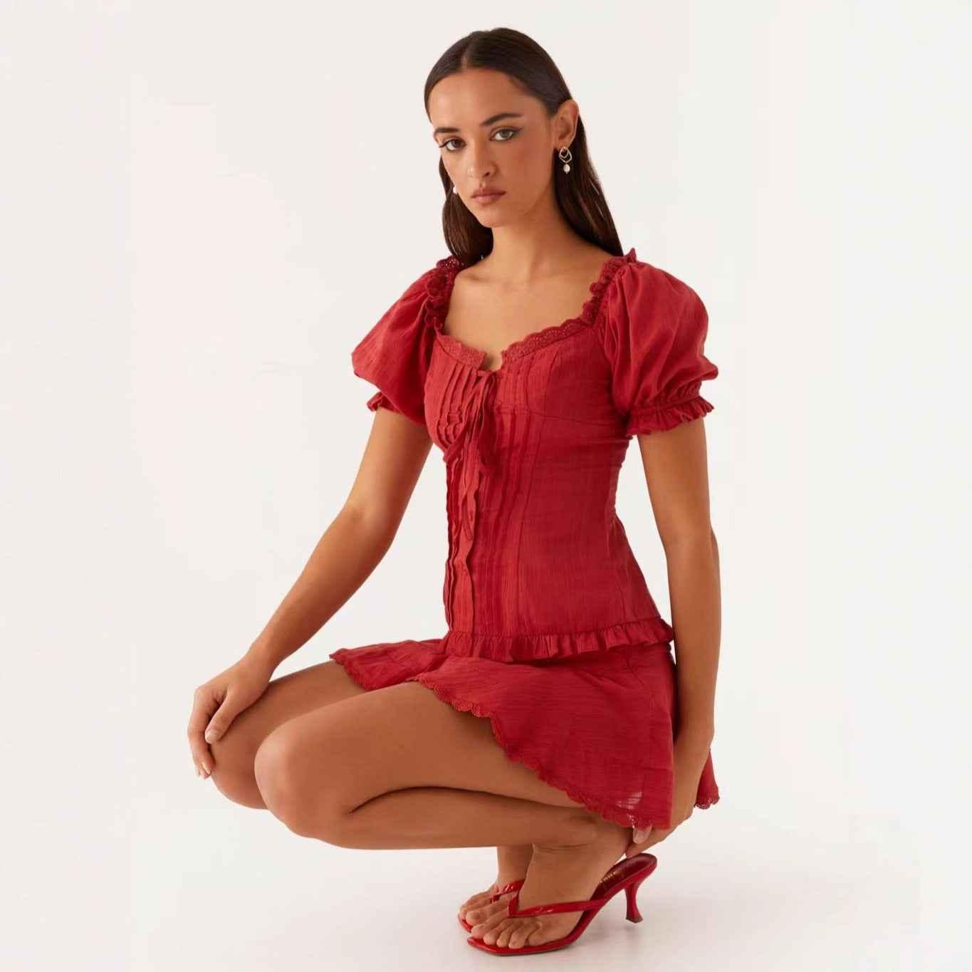 Women's Fashion Woven Ruched Wrap Top Rouge Color All Products
