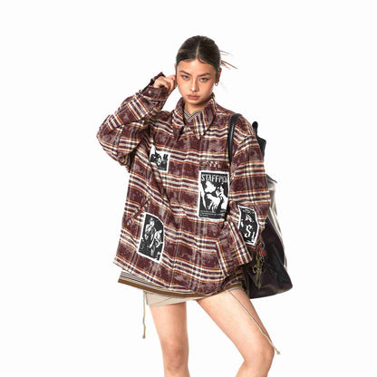 Retro Illustration Plaid Patch Jacket For Women MuddyStock