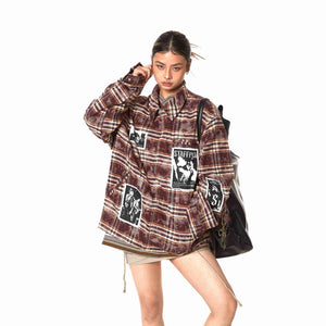 Retro Illustration Plaid Patch Jacket For Women Wine Red