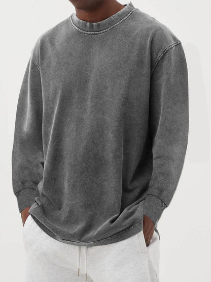 Washed Old Solid Color Men's Long-sleeved T-shirt Gray MuddyStock