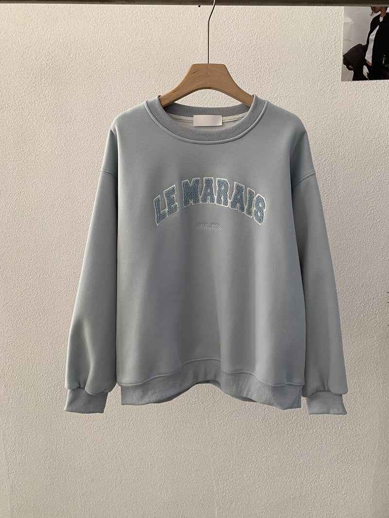 Round Neck Towel Embroidery Letter Fleece Long Sleeve Sweatshirt Loose Warm Hooded Top for Women Light Blue One Size eprolo