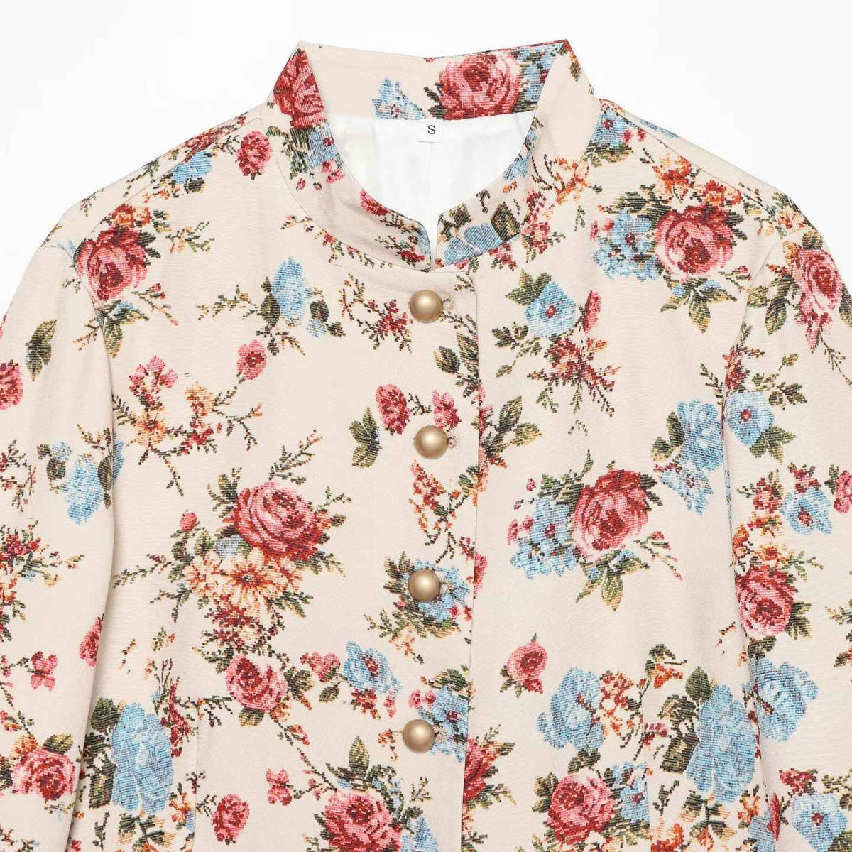 Flip button stand up collar floral print jacket for women | MuddyStock Originals