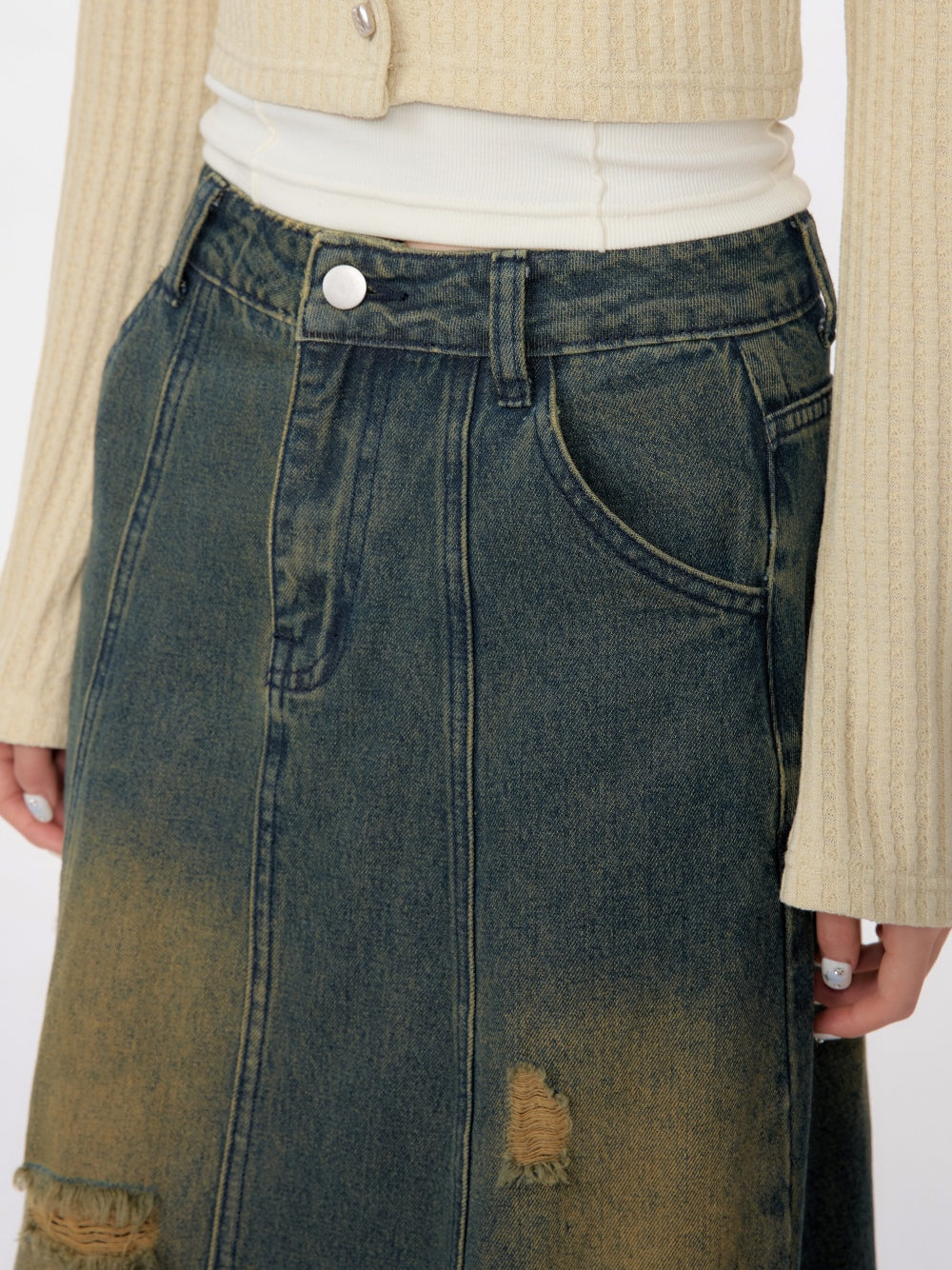 High Waist Mid-length Make Old Ripped Split Denim Skirt For Women All Products