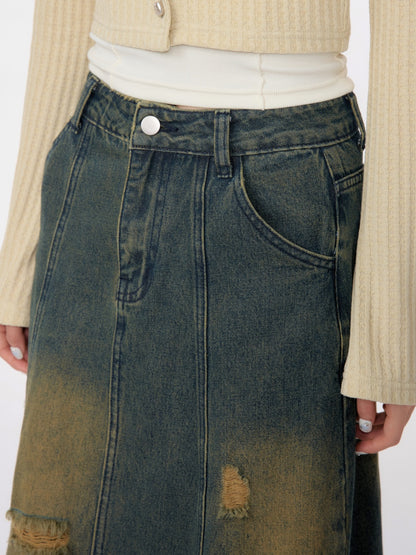 High Waist Mid-length Make Old Ripped Split Denim Skirt For Women All Products