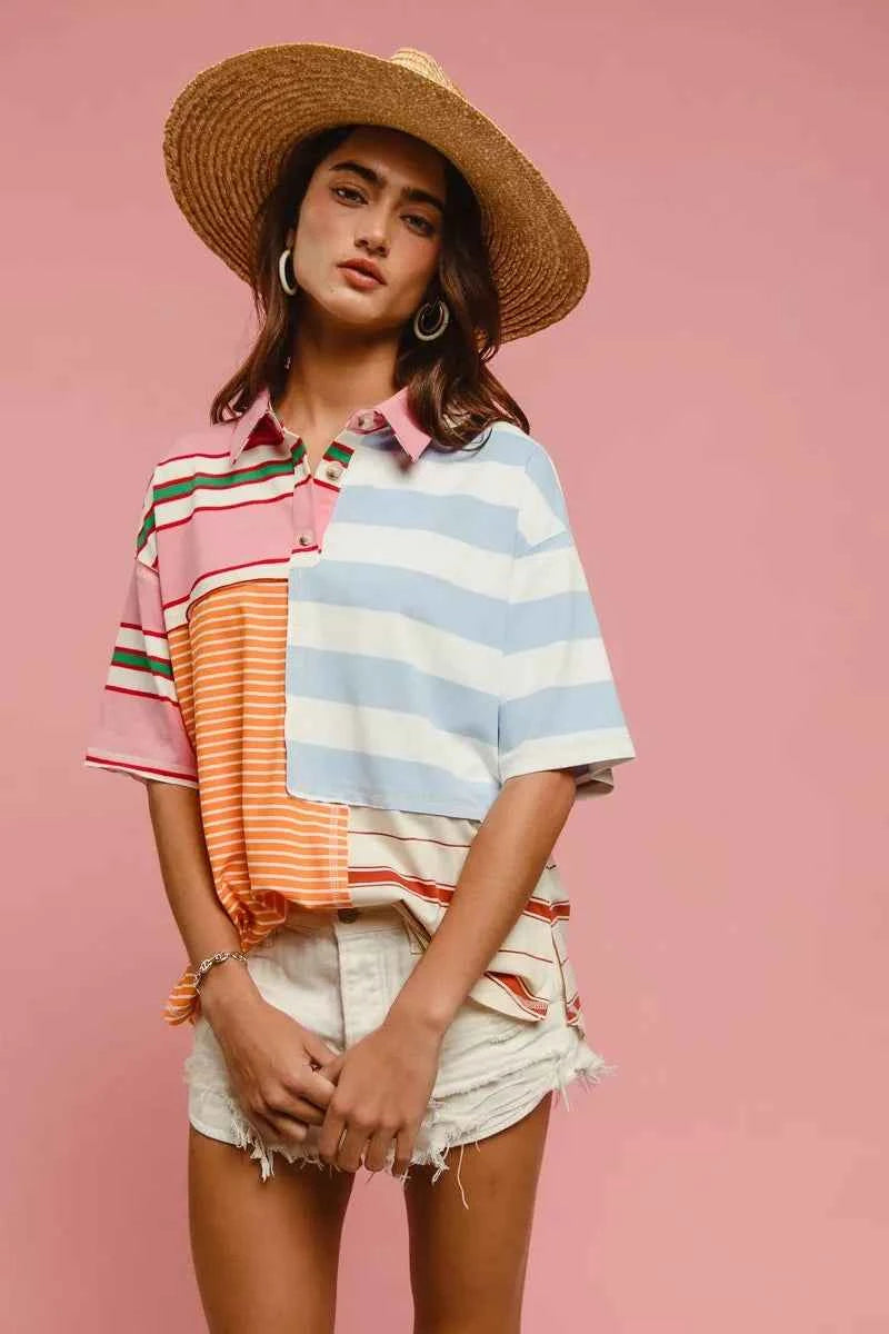 Mix And Match Stripe Color Block T-shirt For Women Trendsi