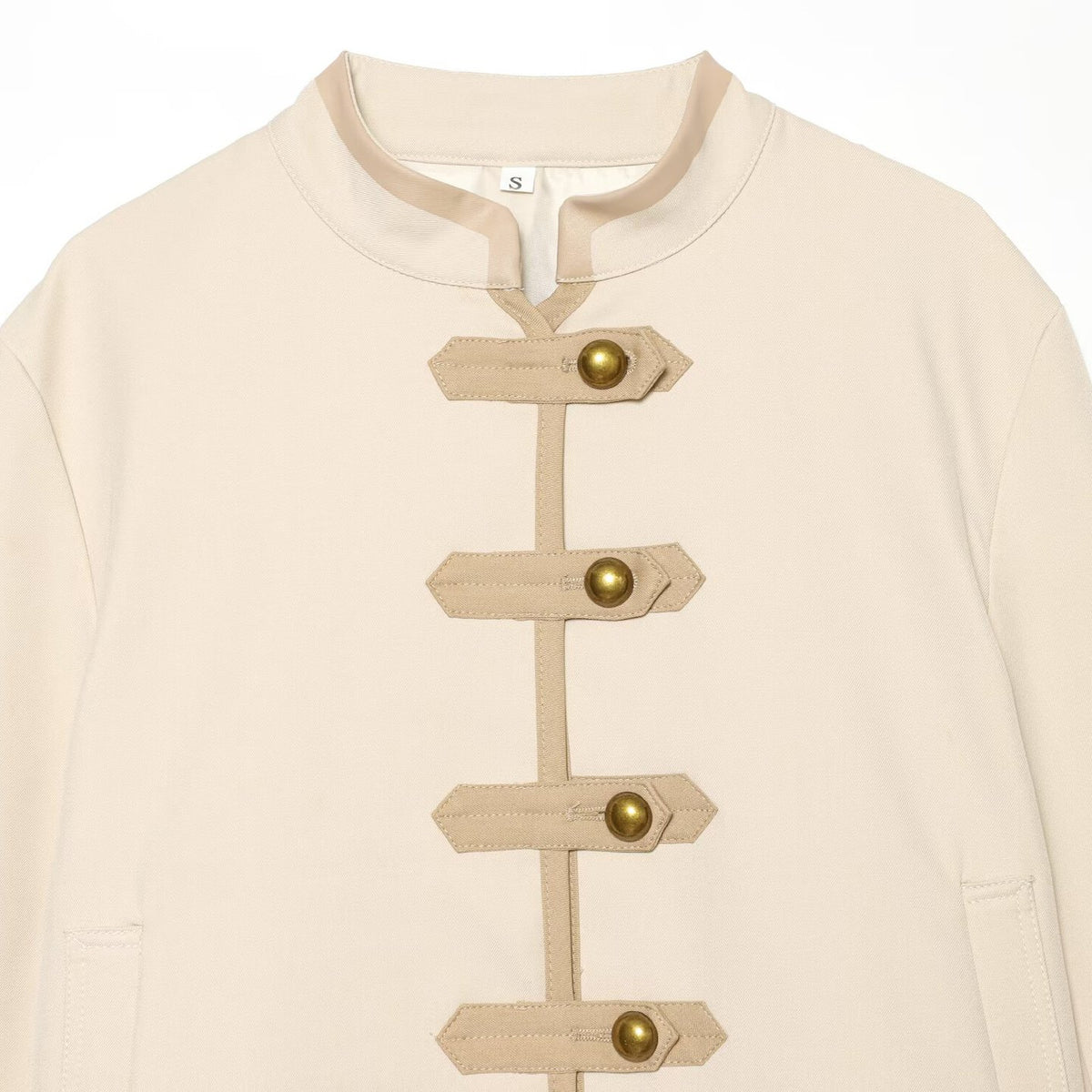 High neck long sleeved padded shoulder rope buttoned jacket