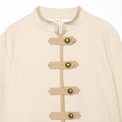 High neck long sleeved padded shoulder rope buttoned jacket