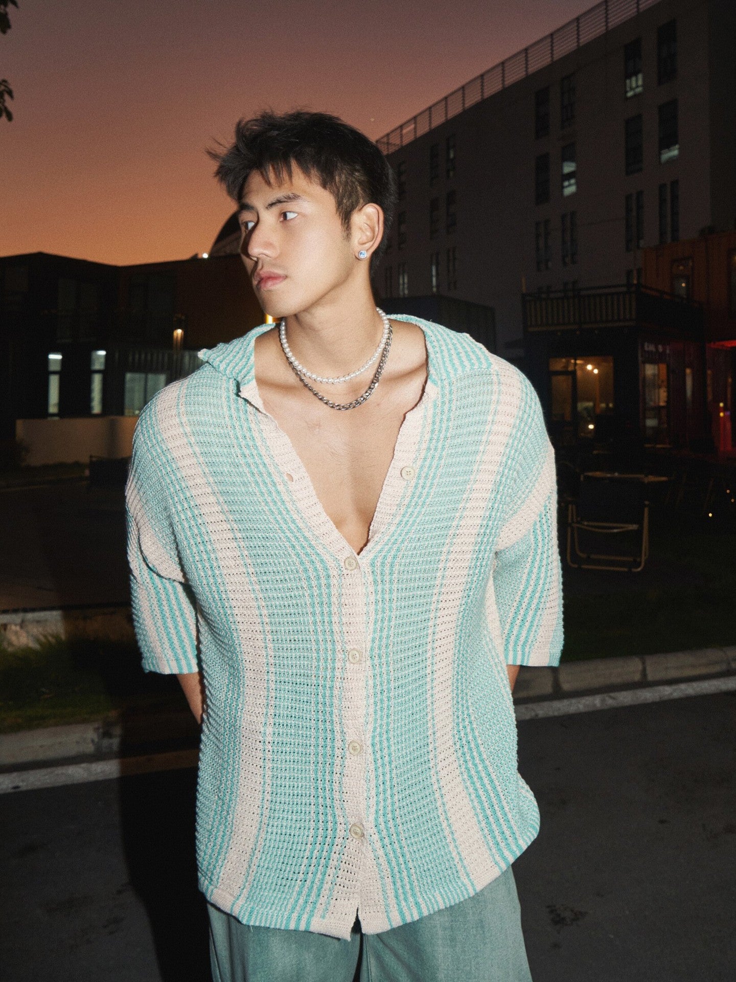 Loose casual lapel thin hollow knit shirt for men | MuddyStock Originals Green MuddyStock