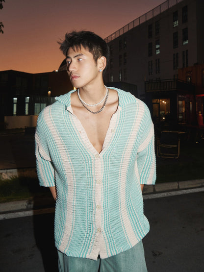 Loose casual lapel thin hollow knit shirt for men | MuddyStock Originals Green MuddyStock