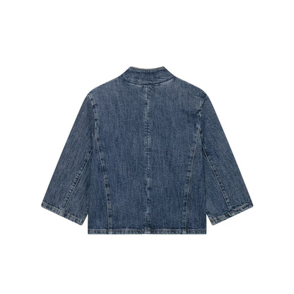 Versatile short sleeved stand up collar denim suit jacket