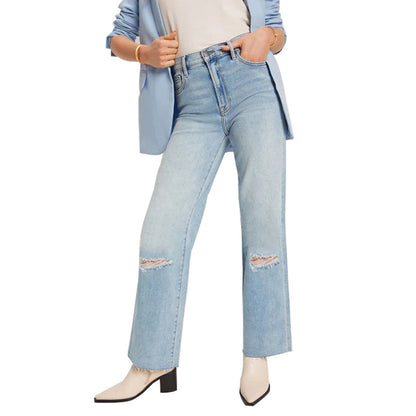 High waisted straight leg ripped loose cropped jeans