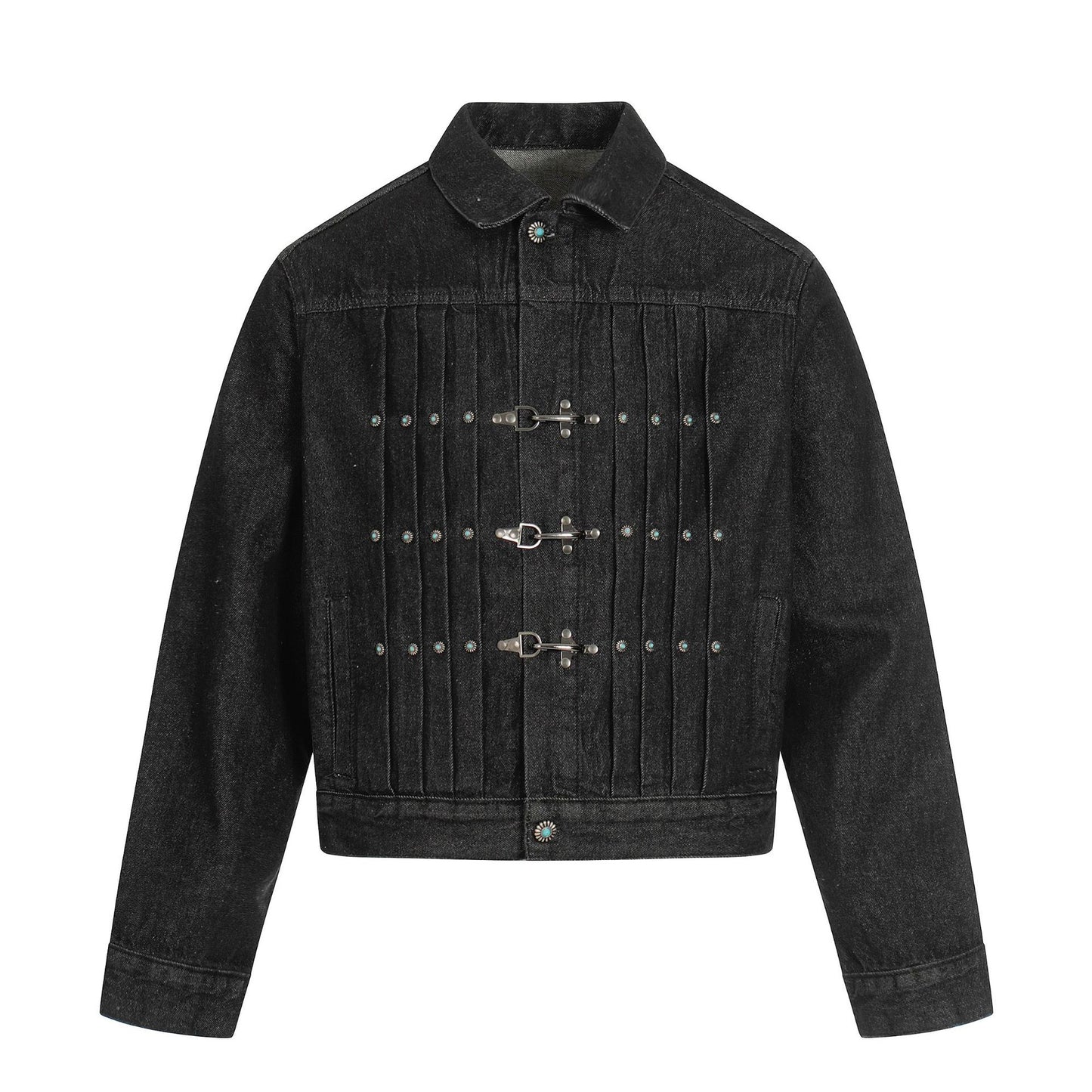 Retro Raw Denim High-End Crumpled Metal Button Men's Jacket | MuddyStock Originals Black