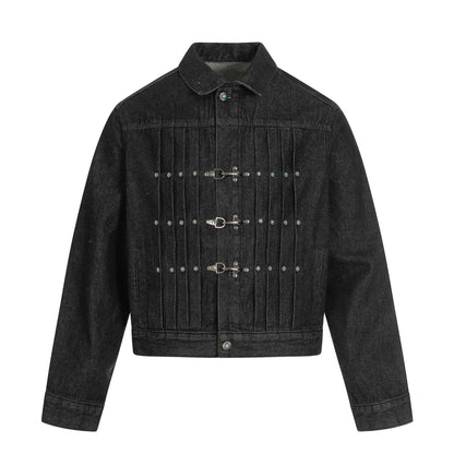 Retro Raw Denim High-End Crumpled Metal Button Men's Jacket | MuddyStock Originals Black
