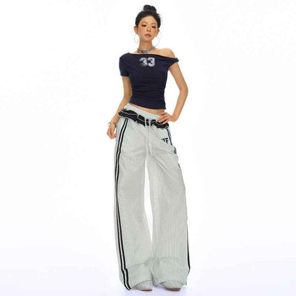 White Striped Casual Pants For Women | MuddyStock Originals Stripe Extended MuddyStock