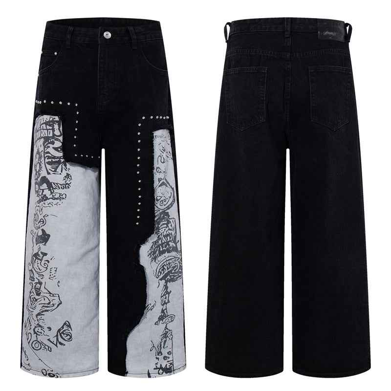 Men's nail bead splicing contrasting graffiti pattern jeans | MuddyStock Originals