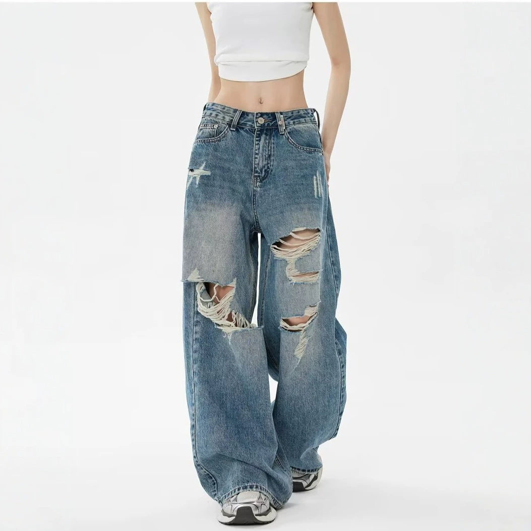 Vintage Blue Ripped Washed Denim Pants For Women | MuddyStock Originals