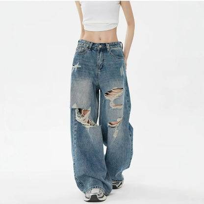 Vintage Blue Ripped Washed Denim Pants For Women | MuddyStock Originals