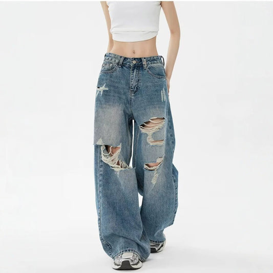 Vintage Blue Ripped Washed Denim Pants For Women | MuddyStock Originals