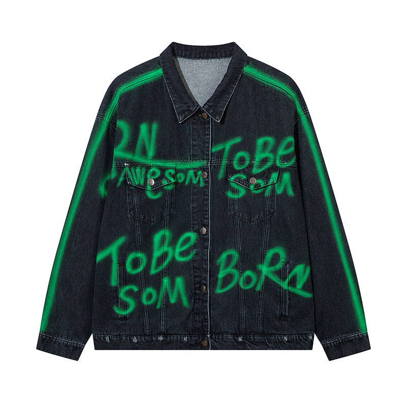 Hip Hop American Letters Inkjet Patterned Denim Jacket For Men And Women Blue