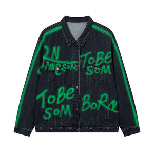 Hip Hop American Letters Inkjet Patterned Denim Jacket For Men And Women Blue