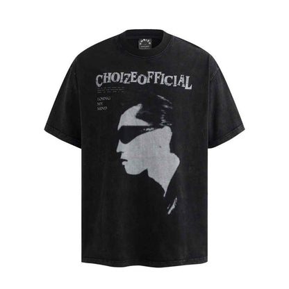 Character print distressed short sleeved shirt Black