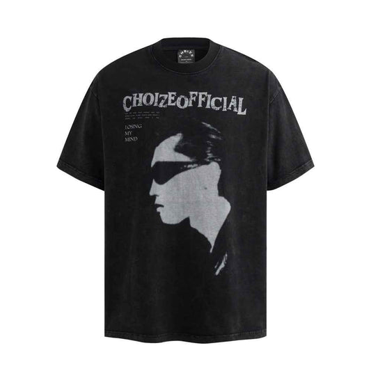 Character print distressed short sleeved shirt Black