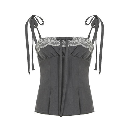 Lace With Bow Splicing Sling Top Gray MuddyStock