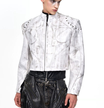 Men's Stand Up Collar Leather Jacket WHITE