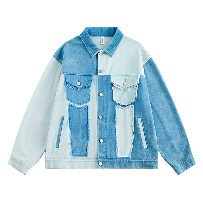 Irregular Color Contrast Patchwork Denim Jacket For Women Blue MuddyStock