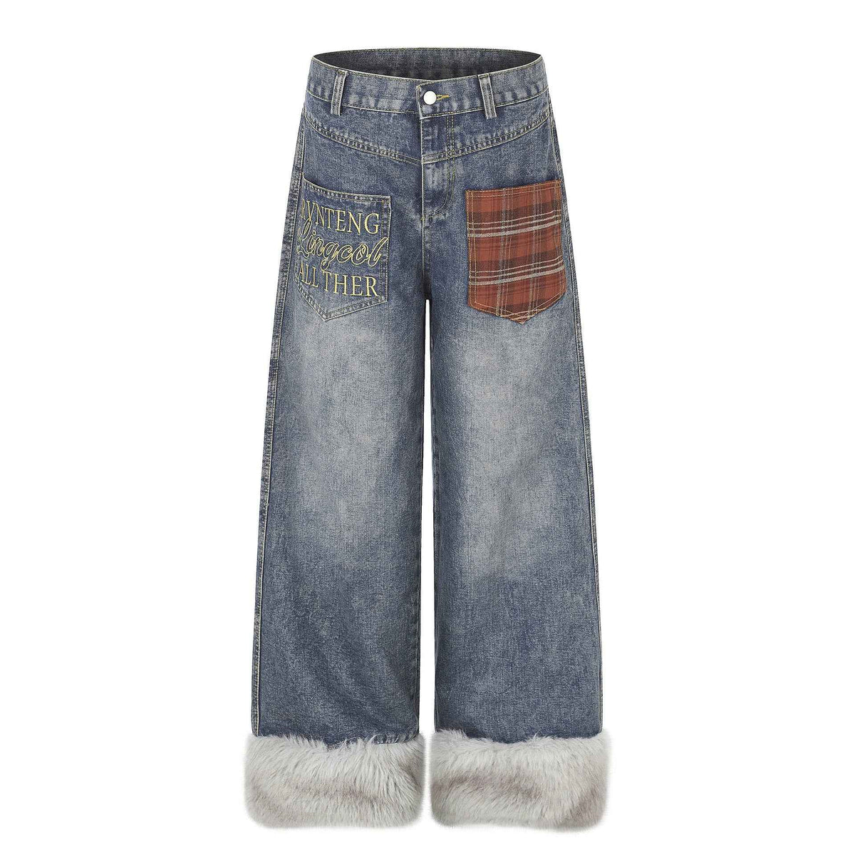 Plaid Patchwork Pocket Fleece-Lined Washed Denim Jeans For Women | MuddyStock Originals Blue