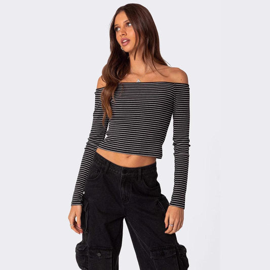 Contrast-color Striped Off-shoulder Long-sleeve Top For Women