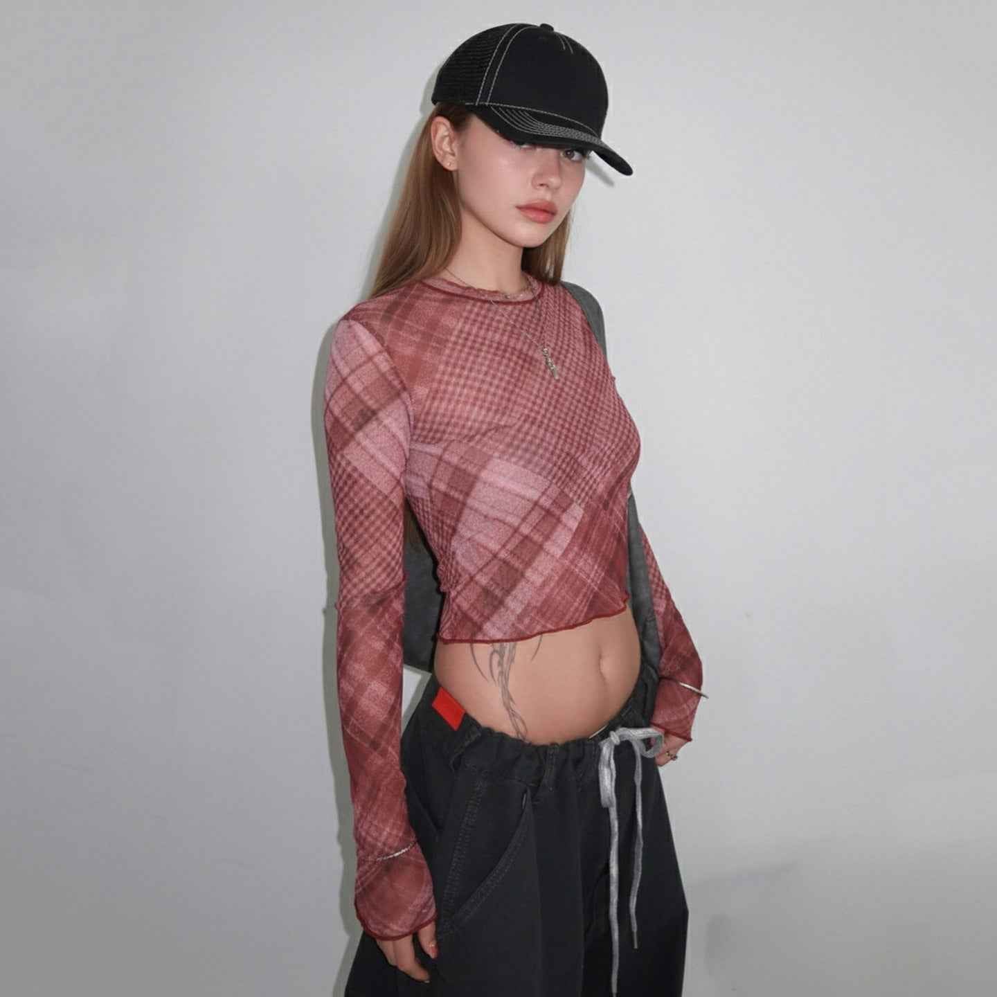 Check Mesh Outerwear Lightweight See-through Top MuddyStock