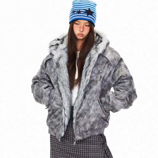 Tie-dye Deconstructed Patchwork Hooded Cotton Jacket For Women Gray