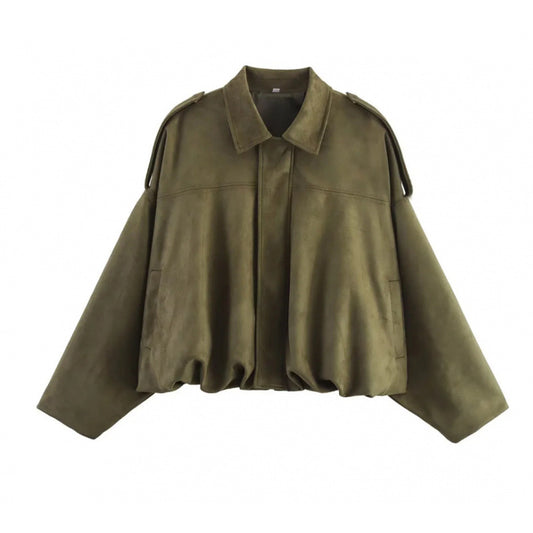 European And American Suede Texture Lapel Loose Pilot Jacket Green All Products