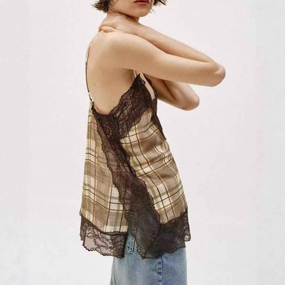 V-neck Plaid Lace Camisole Top